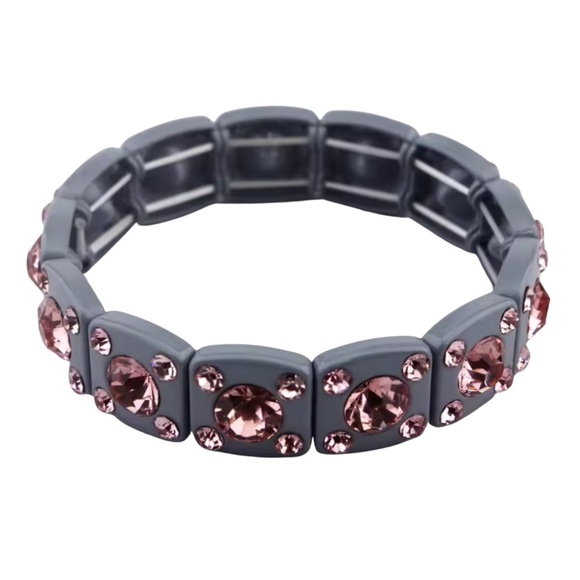Grey & Pink Square Tile Crystal Stretch Bracelet – Adjustable Glass Bead Fashion - Picture 1 of 1